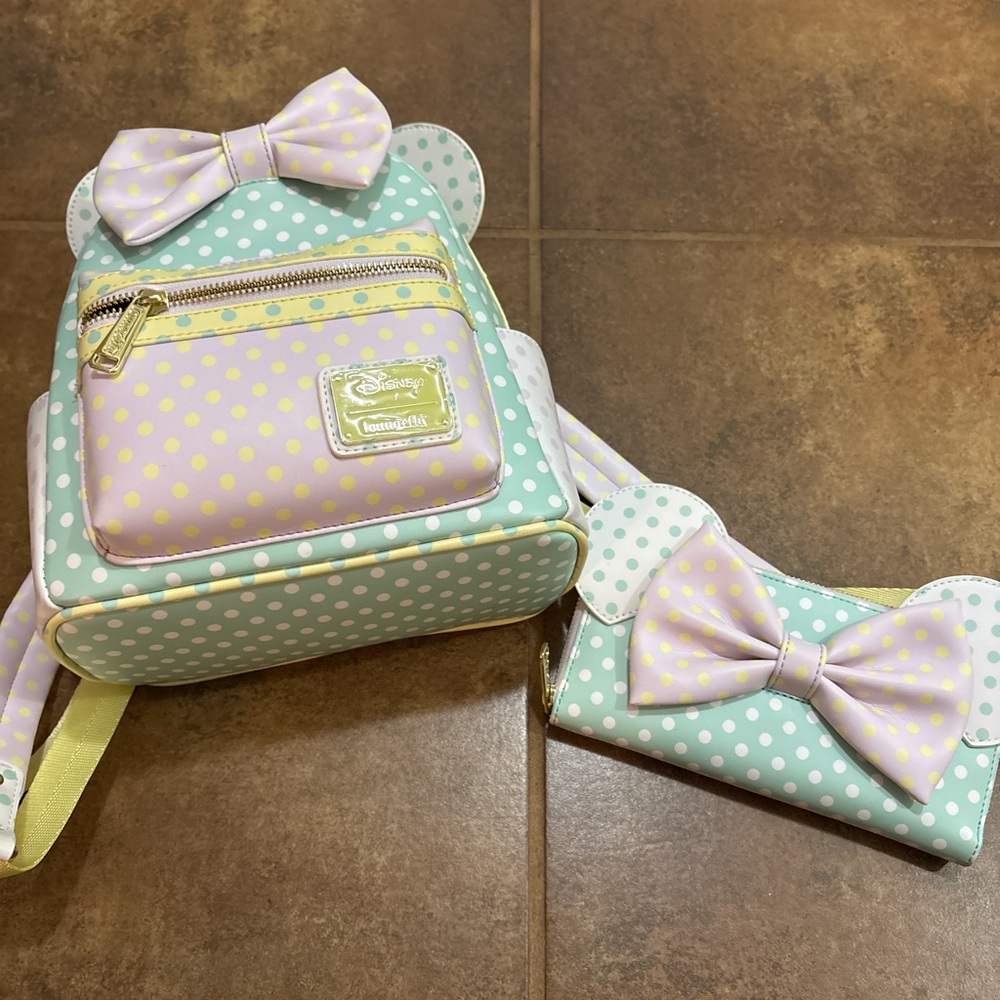 Disney Pastel Polka Dot Backpack and Wallet Set